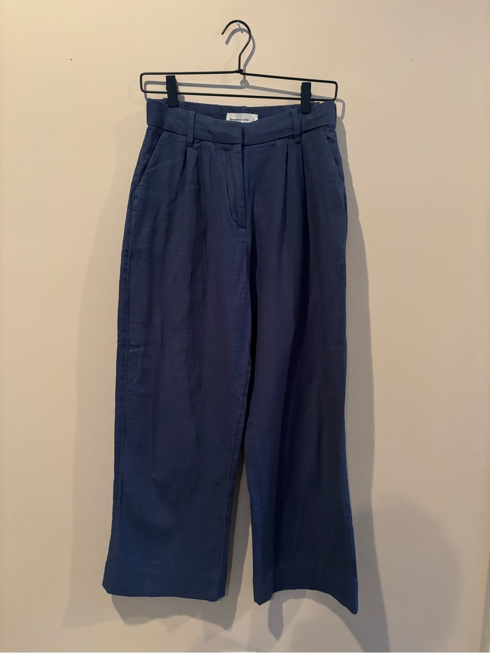 Abercrombie & Fitch Wide-Leg Trousers in Navy Blue small, short Linen and Cotton